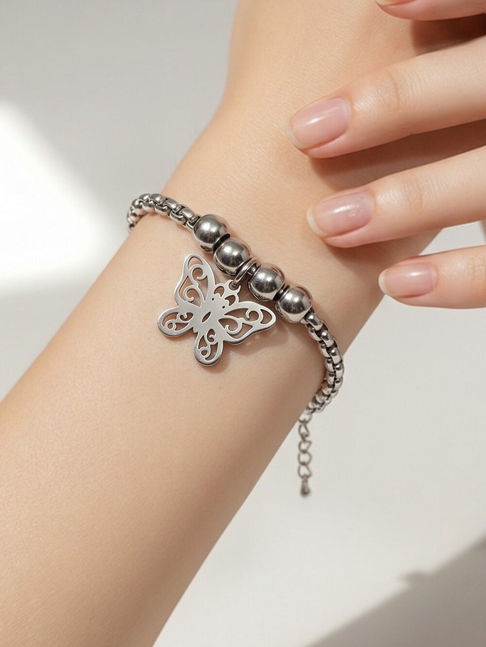 Silver Butterfly Beaded Bracelet 🦋 Stainless Steel 3mm Barrel Chain Adjustable